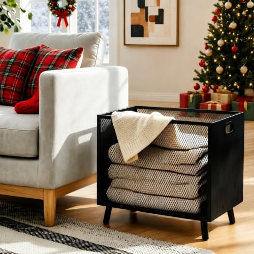 67L Extra Large Wooden & Mesh Blanket Storage Basket - Multi-Purpose Organizer