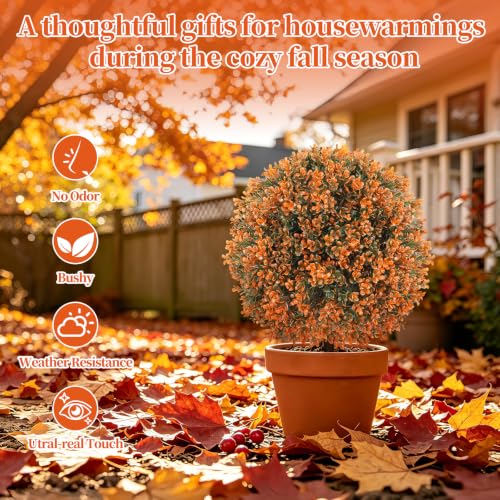 Fall Boxwood Topiary Trees - Artificial Shrubs with Ground Spike, UV-Resistant Outdoor Decor, 2 Pack