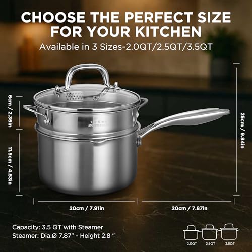 3.5 Qt Stainless Steel Saucepan with Steamer Basket & Glass Lid - Multi-Function Cooking Pot