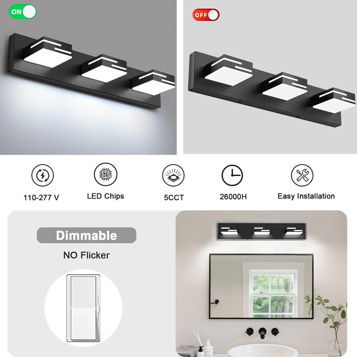 LED Bathroom Vanity Light Fixtures 3-Light Black Dimmable 22-Inch with 5 CCT & Rotatable Acrylic Heads