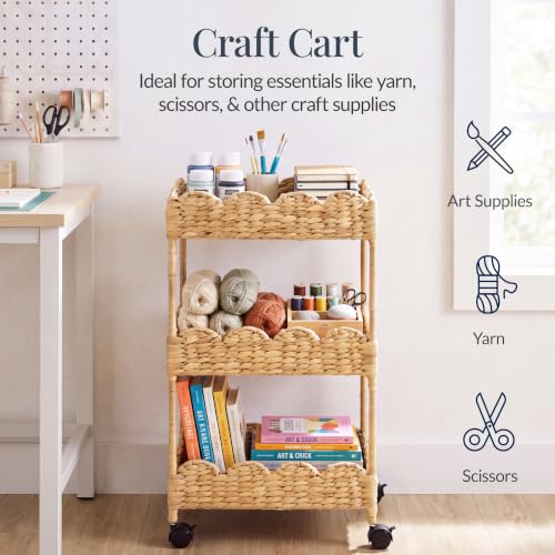 Natural 3-Tier Scalloped Nursery Caddy with Wheels - Handwoven Water Hyacinth Storage Cart