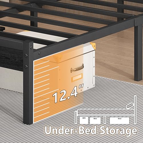 Full Size Metal Platform Bed Frame with Headboard LED USB Storage No Box Spring Black