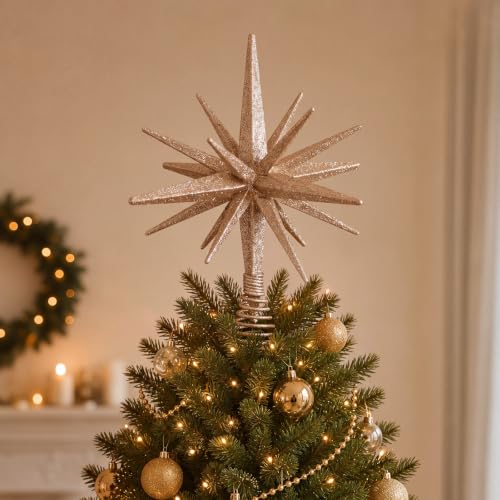 Junkin Champagne Gold Glitter Christmas Tree Topper 10 Inch Starburst