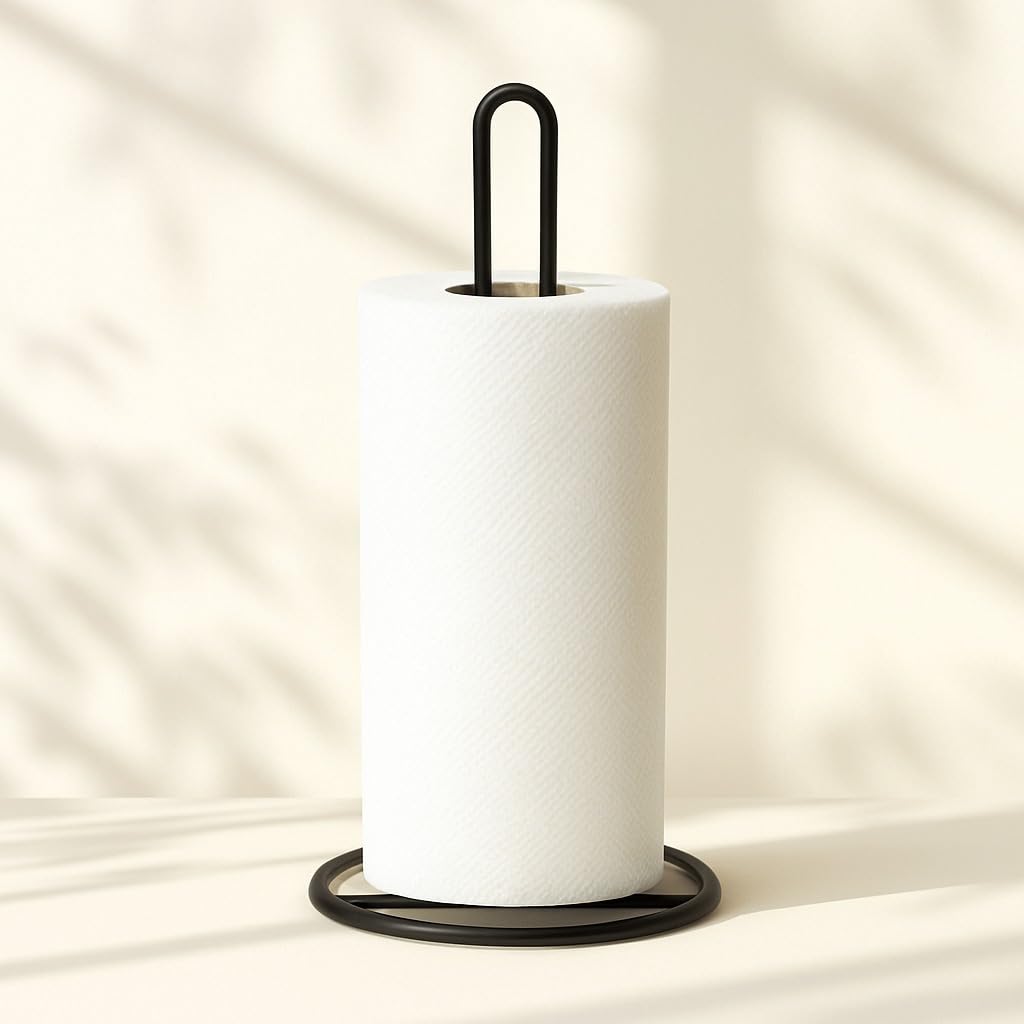 Divine Glance Premium Paper Towel Holder, Modern Heavy Duty Freestanding Standing Kitchen Roll Dispenser with Anti Slip Weighted Base Countertop Paper Roll Organizer - Black (Open Cut Design)