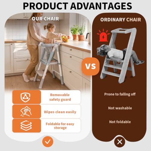 Foldable Toddler Standing Tower - Gray, Montessori Kitchen & Learning Stool for Kids 1.5-6 Years