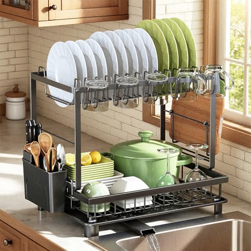 Nfnoyp Black 2-Tier Dish Drying Rack for Kitchen Counter - Space Saver