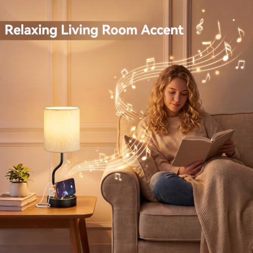 Fenmzee 18-Inch Bedside Table Lamps Set of 2 with Cream & Black Finish, USB Charging, Dimmable LED Bulb Included