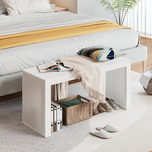 APRTAT White 35.4-inch Bamboo Entryway Bench with Rustic Farmhouse Style