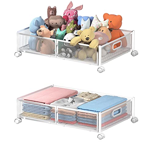 White Under Bed Storage Containers with Wheels - Foldable Closet Organizer for Clothes, Shoes & Blankets - 2 Pack
