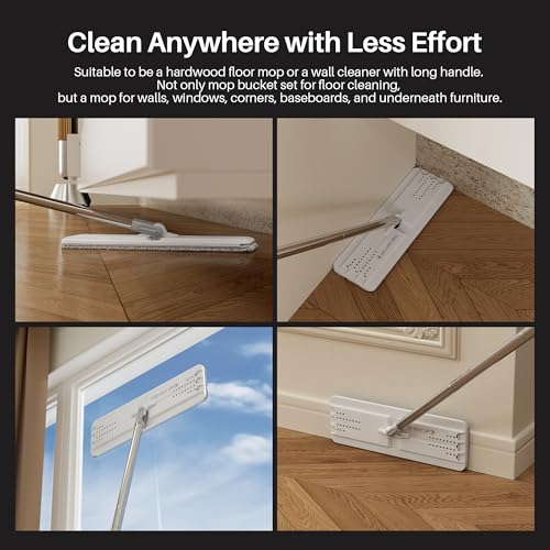 JOYMOOP White Lite133 Wall Mop and Bucket Set - Hands-Free Flat Floor Mop with 3 Washable Microfiber Pads for Home & Commercial Use