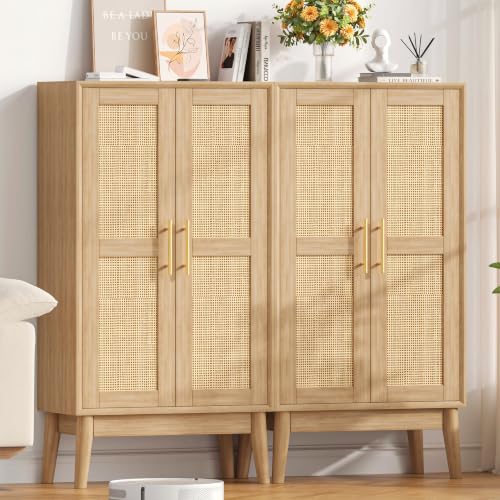 Tall Bathroom Storage Cabinet with Doors - 43 Inch Rattan Cabinet, Natural Oak Finish