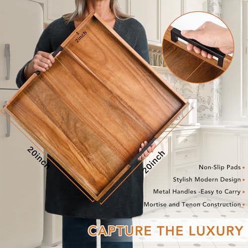 Large Ottoman Serving Tray Natural Wood 20x20 with Metal Handles for Living Room & Kitchen - Joy&Grace