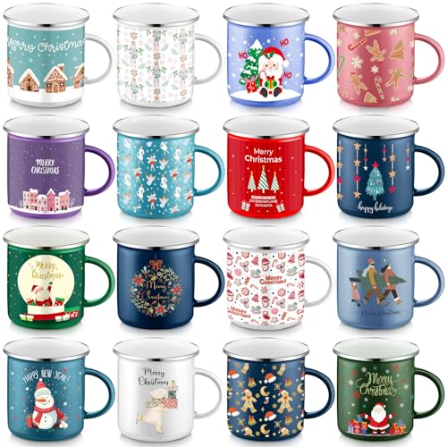 Sliner 16 Pack Christmas Enamel Coffee Mugs 12 oz Classic Style