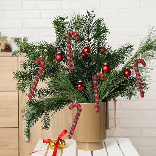 12 Pcs Red Farmhouse Plaid Candy Cane Christmas Ornaments - Holiday Decor