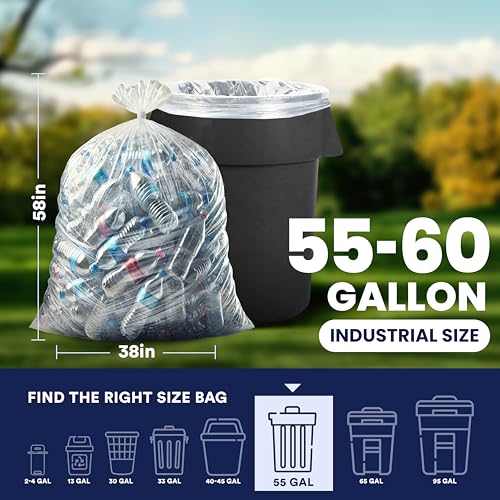 Heavy Duty 55-60 Gallon Trash Bags - Clear Garbage Can Liners Pack of 50