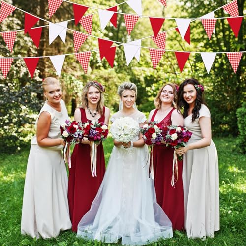 MARFOREVER 28 FT Red Plaid Checkered White Pennant Banner Flags, 30 Pcs Fabric Triangle Flag Bunting Garland Banner for Picnic Wedding Birthday Carnival Baby Shower Christmas Garden Party Decorations