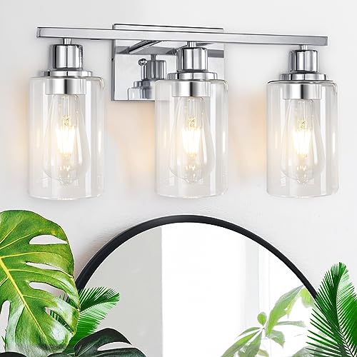 Apenath Chrome 3-Light Vanity Light Fixtures Modern Wall Sconces with Clear Glass Shades