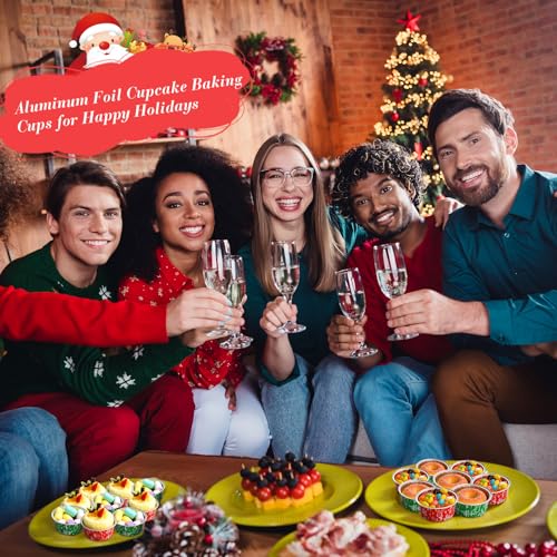 Potchen 200 Pcs Christmas Foil Baking Cups with Lids - 5oz Disposable, Classic Holiday Design
