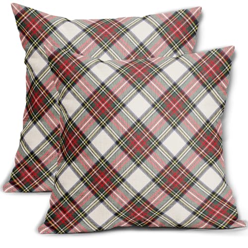 Aytipun 18x18 Inch Christmas Plaid Pillow Covers Set of 2 - Red Green Blue Buffalo Check Farmhouse Holiday Decor, Beige Variation