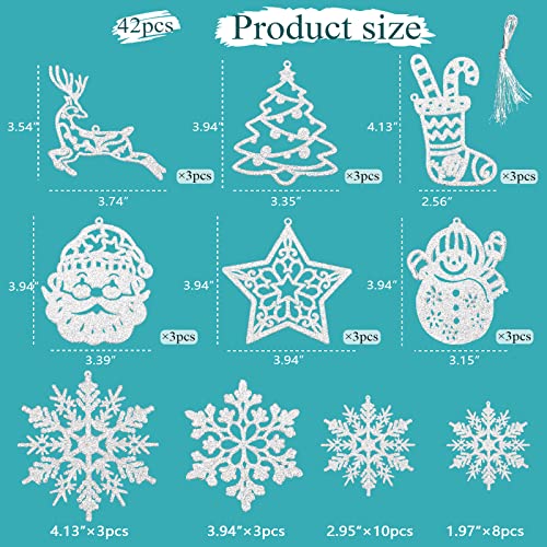 Christmas Tree Decoration Hanging Ornaments - 42 Pack Silver Glitter Snowman Reindeer Snowflake Ornaments for Christmas Holiday New Year Winter Wonderland Party Supplies