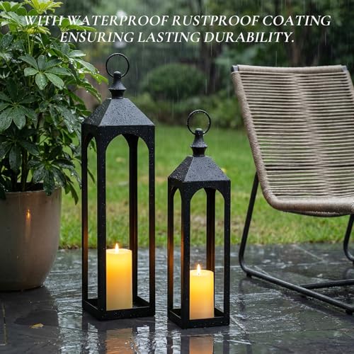 24-Inch & 20-Inch Outdoor Floor Lantern Set - Waterproof Rust-Resistant Black Porch Decor