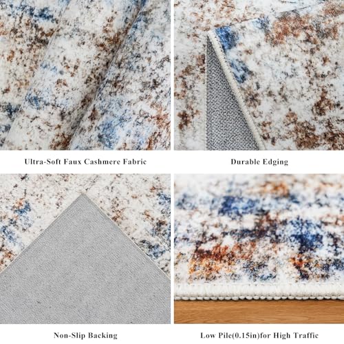 7x7 Square Washable Area Rug - Non-Slip Indoor Carpet for Living Room Bedroom Dining, Low Pile, Stain-Resistant, Modern Abstract, Blue Brown