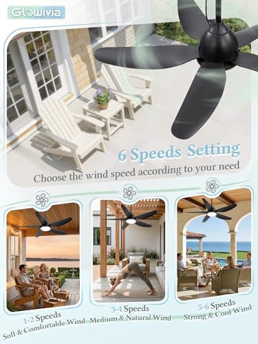 Glowivia 46-Inch Black Outdoor Ceiling Fan with Lights, Plug-in, IP65 Waterproof
