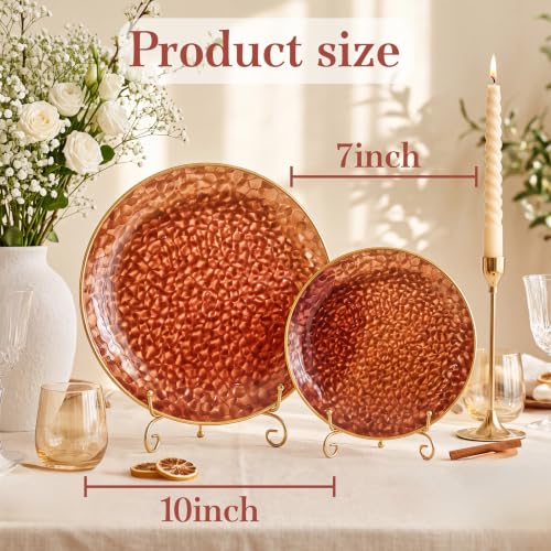 Amber Plastic Plates Set - Clear Gold Rim, Heavy Duty Disposable Party Plates with Hammered Design - Clear Amber Gold Variation