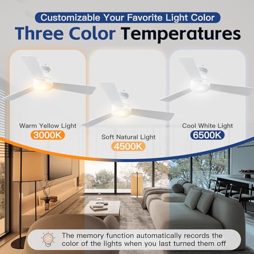42 Inch Flush Mount Ceiling Fan with Lights and Remote - White, 3CCT, 6 Speed