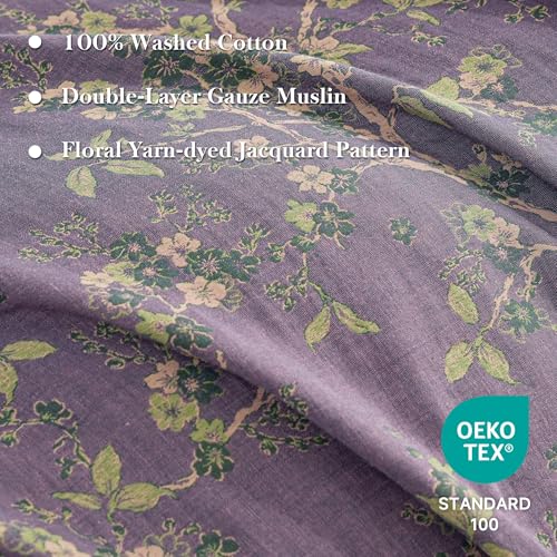 Queen Size Purple Floral Muslin Duvet Cover Set with Zipper & Corner Ties