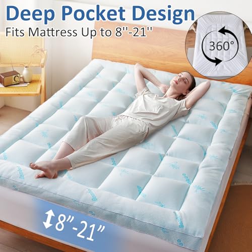Blue King Size Bamboo Mattress Topper - Cooling Extra Thick Breathable Viscoelastc Mattress Pad with Deep Pocket