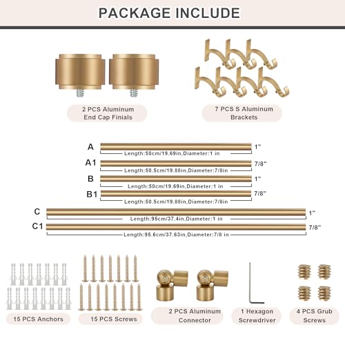 Warm Gold Bay Window Curtain Rods with Aluminum End Caps & Brackets, Adjustable 36-72 & 20-36 Inch Sets - 3 Sided Version