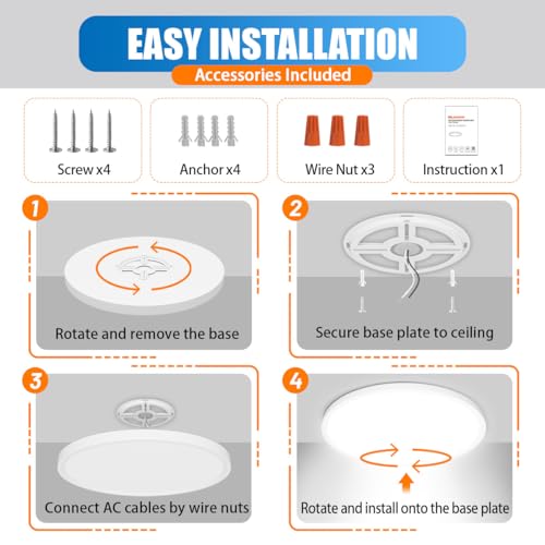 White 18-Inch LED Flush Mount Ceiling Light 4-Pack - Dimmable, Energy Saving, Flat Panel for Kitchen & Bedroom