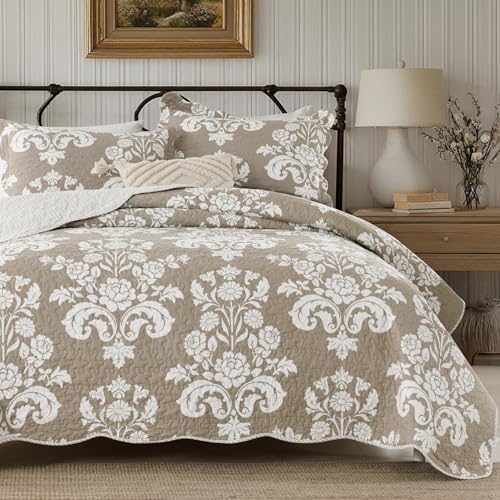 Queen Reversible Cotton Quilt Set Farmhouse Tan Taupe 90x98 Bedding