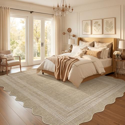 GarveeHome 6'x9' Tan Scalloped Area Rug - Washable Non-Slip Low Pile Jute Style