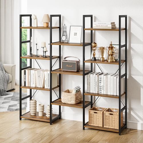 Vintage 4-Tier Bookshelf with 11 Adjustable Shelves - Triple Column Storage