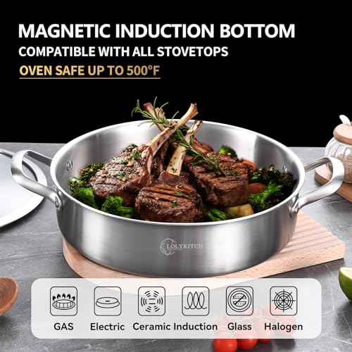 8-Quart Stainless Steel Sauté Pan with Lid - Tri-Ply Heavy Duty 13 Inch