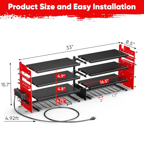 POKIPO Red Large Power Tool Organizer Wall Mount with Charging Station, 4 Layers, Heavy Duty Metal Shelf, 600 lbs Capacity