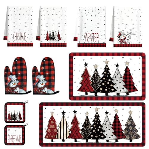 ZYQEXA 10-Piece Christmas Kitchen Decor Set with Snowman Oven Mitts & Tree Pot Holders - Red & Black Variant