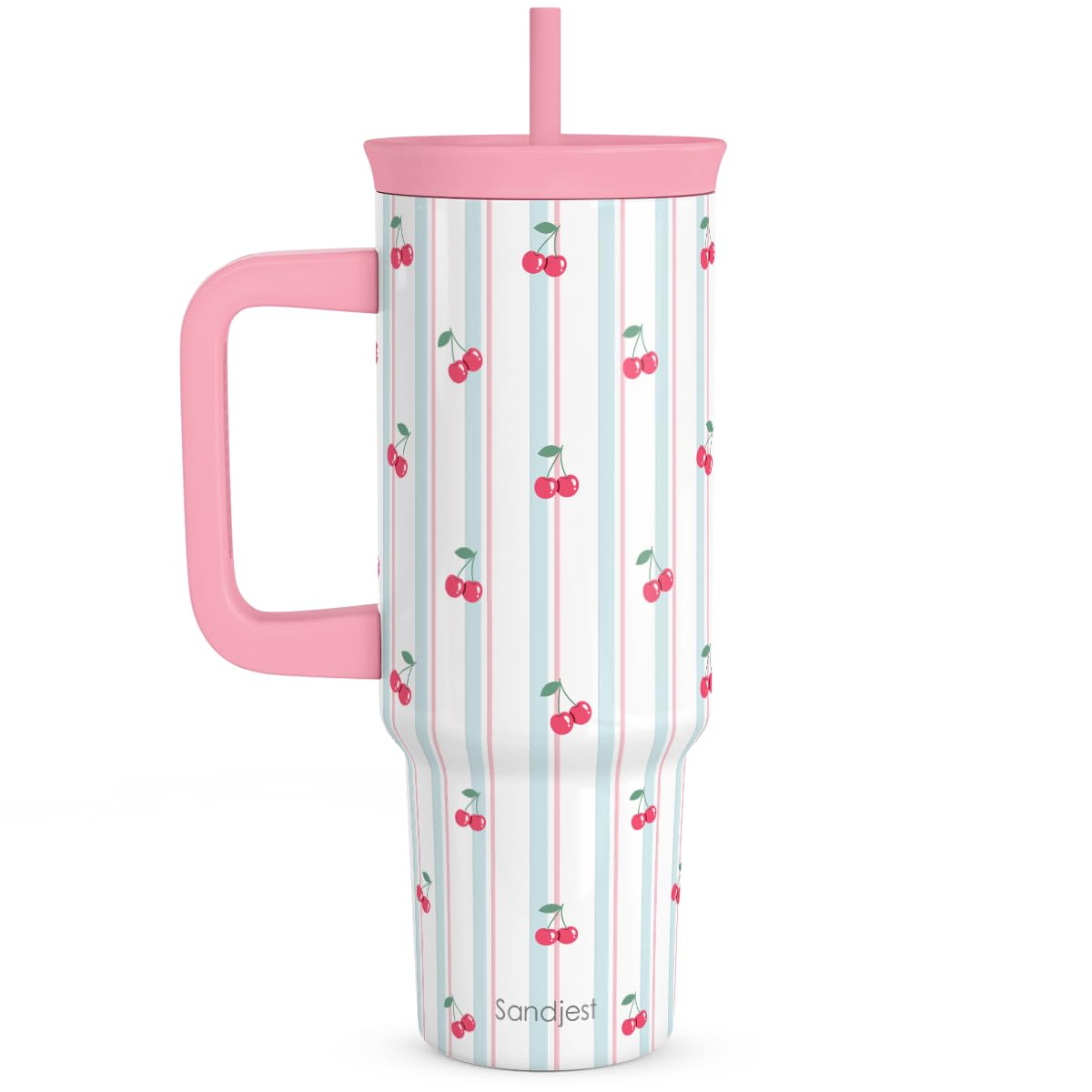 SANDJEST Cherry Stainless Steel Locking Lid Silicone Straw Tumbler with Handle 40oz, Insulated Stainless Steel Travel Cup for Women Girls Friends, Gift Idea for Birthday Christmas
