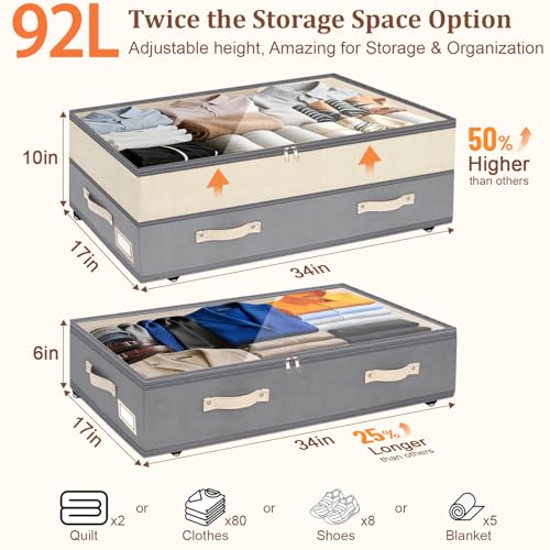Grey 2 Pack Under Bed Storage Containers with Wheels, Adjustable 92L