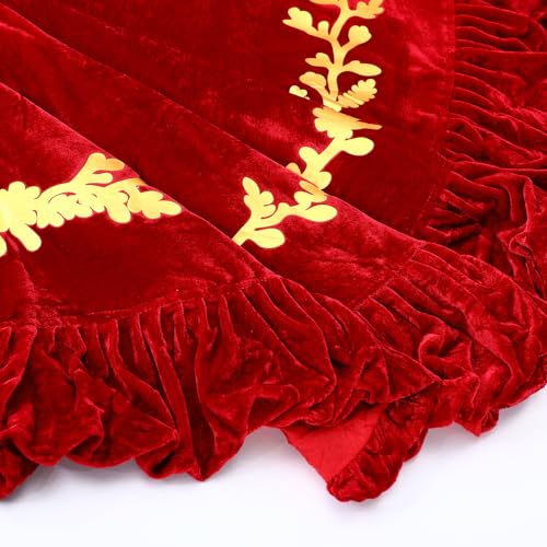 60 Inch Red Velvet Christmas Tree Skirt with Gold Embroidery Trim - Sotiff