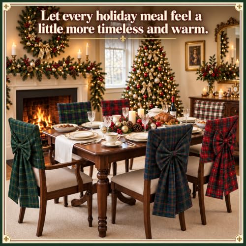 Breling 6 Pcs Christmas Bow Chair Back Covers Tartan Plaid Old Money Style