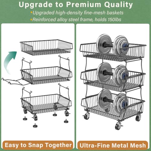 3-Tier Pantry Storage Cart with Upgraded Metal Casters - Black
