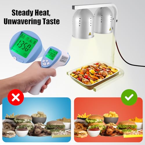VORIGY Silver Food Heat Lamp with 2x 250W Bulbs, 5000+ Hour Lifespan, Adjustable Stand