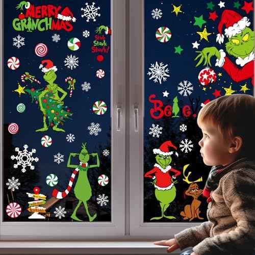 Christmas Window Clings Xmas Decor - 90 PCS Reusable Double Sided Static Window Stickers - Merry Christmas Gel Decals for Xmas Decorations Indoor Party Supplies