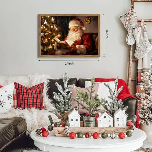 Vintage Santa Reading a Book Canvas Wall Art, Framed 24x16 — Rustic Farmhouse Christmas Print