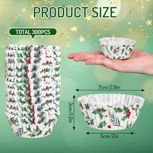 Whaline 300Pcs Christmas Cupcake Liners Holly Print Baking Cups Holders Watercolor Holly Jolly Cupcake Wrappers Red Green Berry Muffin Liners for Xmas Holiday Birthday Party Supplies