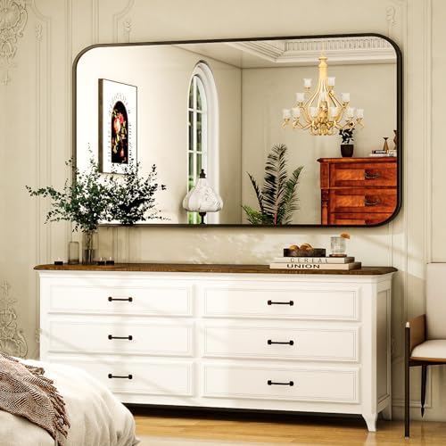 Black Rectangular Bathroom Mirror 30x48 Inch Wall-Mounted Vanity Mirror with Rounded Corners