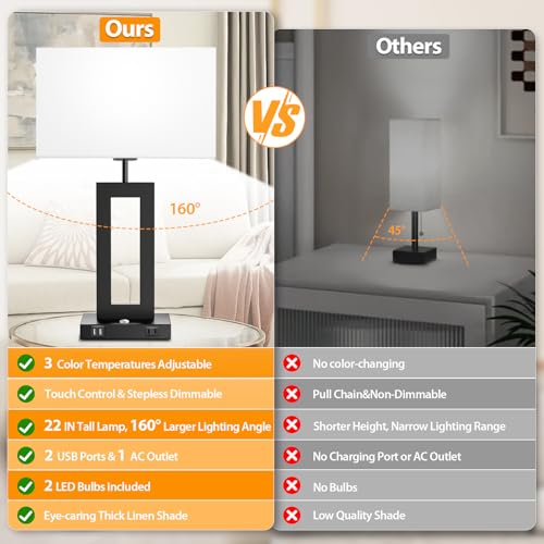 Black 22-Inch Touch Control Bedside Nightstand Table Lamps Set of 2 - Large